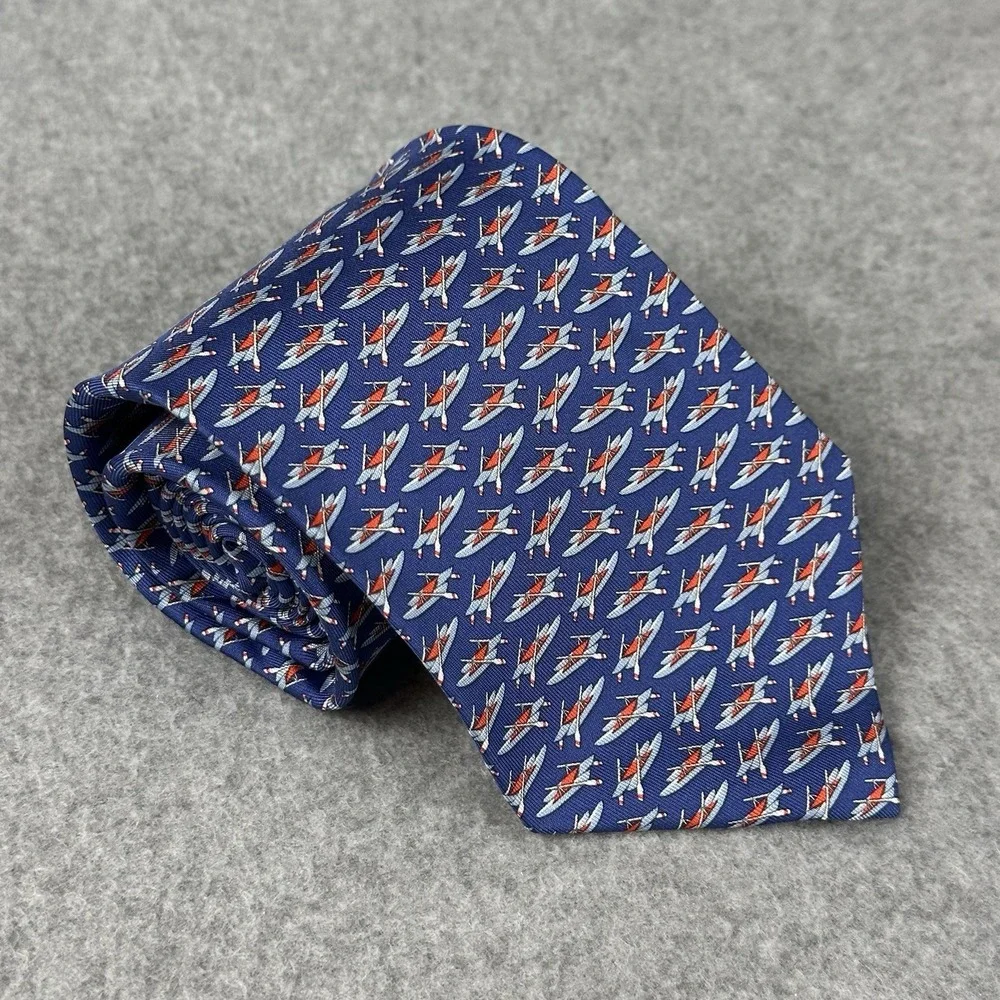 Vintage Salvatore Ferragamo Silk Tie Rowing Scull Boat Print Italy Blue 58x3.6